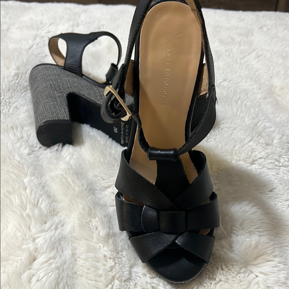Anthropologie Black Heels with Chunky Heel and T-Strap